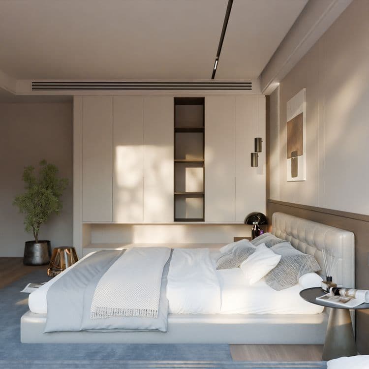 Bright minimalist bedroom with neutral tones