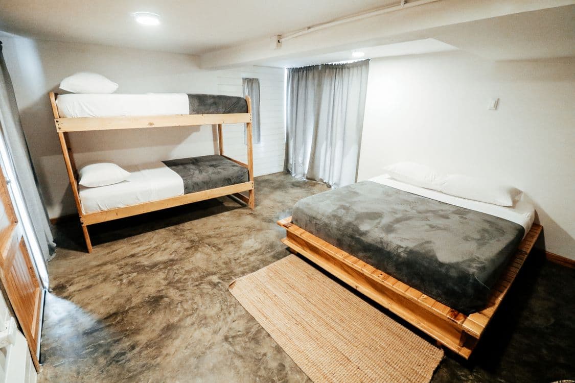 Modern bedroom with wooden platform bed